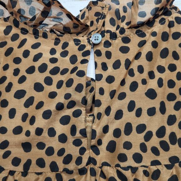 J. Crew Flutter Sleeve Cotton Silk Voile Top Leopard Dot Brown Ruffle Neck Small - Picture 6 of 8